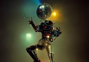 Błyszczący humanoidalny robot z głową w kształcie kuli dyskotekowej pozuje dramatycznie pod kolorowymi światłami scenicznymi, odbijając żywe kolory. Tło jest wypełnione mgłą i oświetlone niebieskimi, żółtymi i zielonymi światłami.