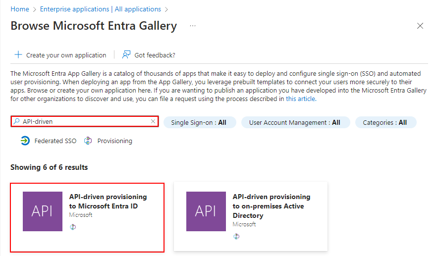 Figure 4: Search for API-driven provisioning application. 