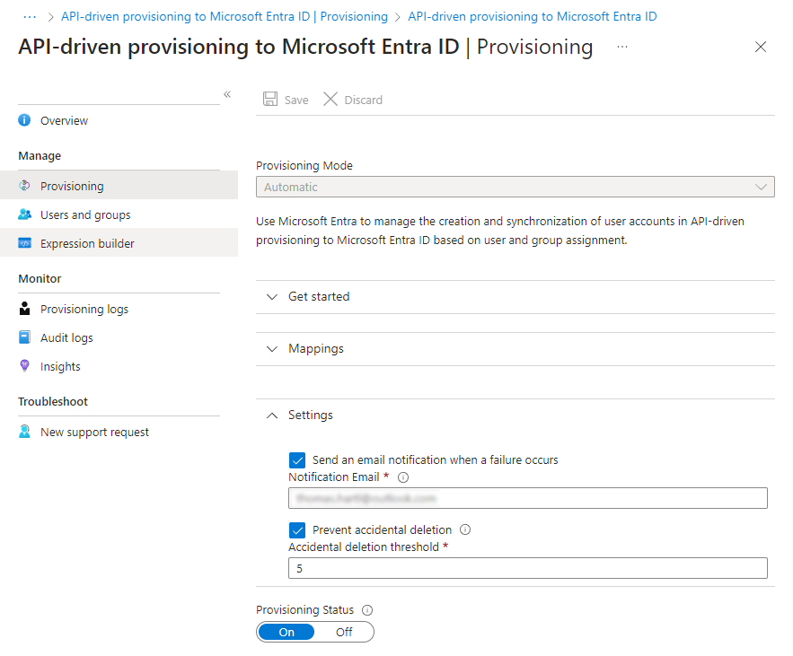 Figure 6: API-driven provisioning settings. 