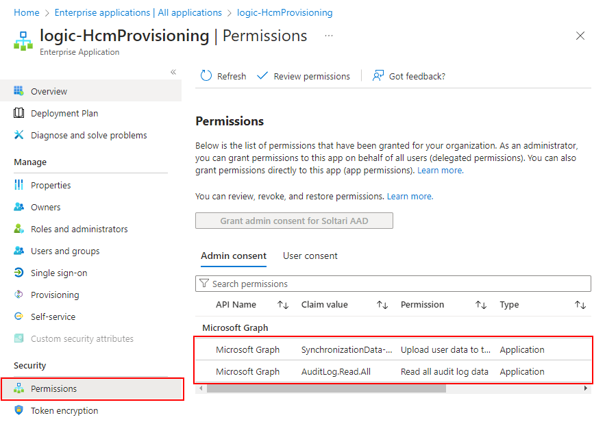 Figure 8: Service Principal permissions. 