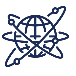 A dark blue line drawing of a globe with latitude and longitude lines, overlaid by two intersecting atomic orbits with dots representing electrons, symbolizes AWS Managed Cloud Migrations. The background is light gray.