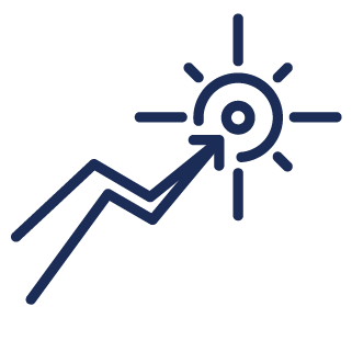 Ciemnoniebieska strzałka wznosi się w górę i wskazuje na środek stylizowanego słońca, sugerując postęp, wzrost lub osiągnięcie celu. Obraz ma prosty, minimalistyczny design na jasnym tle.