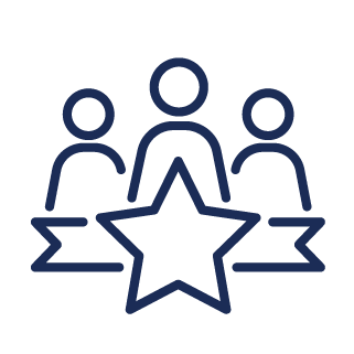 Simple line drawing of three people with a large star and two ribbon banners in front of them, symbolizing teamwork, achievement, or recognition.