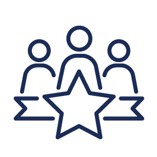 Simple line drawing of three people standing behind a large star with ribbon-like elements on both sides, representing teamwork, achievement, or group recognition.